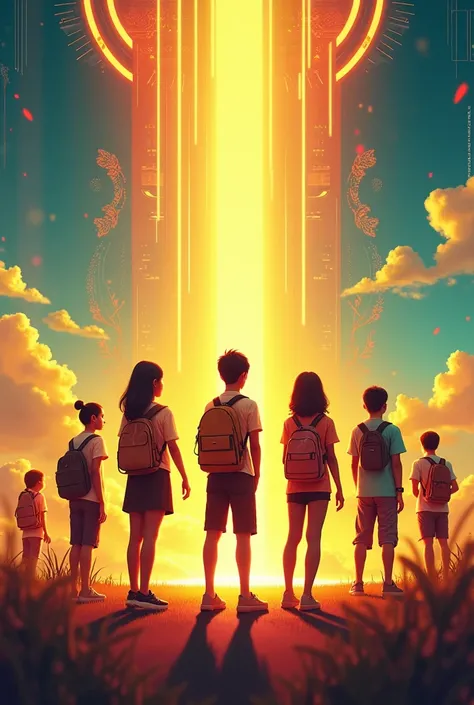 A vibrant and inspiring scene featuring a group of Indonesian teenagers standing confidently, looking towards a bright, golden horizon. They are a diverse group, representing different regions and cultures of Indonesia, with a mix of modern and traditional...