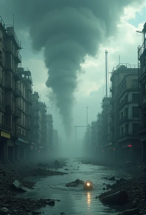 Underground water pipes，Industrial pollution，Sewage discharge，Waterspout，tidal waves，Tornado，typhoon，swell sea，Armageddon，Greatwave，ruins，disrupt，，lakes，high level of water，Bottomless，The run-down city creates a cinematic apocalyptic cityscape