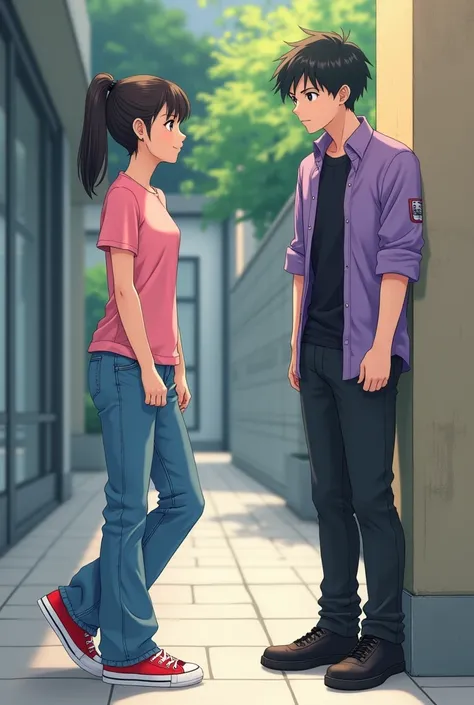 1 Japanese woman,Age 16,Tie your hair,Pink short-sleeved shirt,Long jeans,Red sneakers,Coming to you,1 man,Age 18,short hair,Black short sleeve shirt,Purple long sleeve unbuttoned shirt,black pants,black shoes,pretend,Leaning against the wall