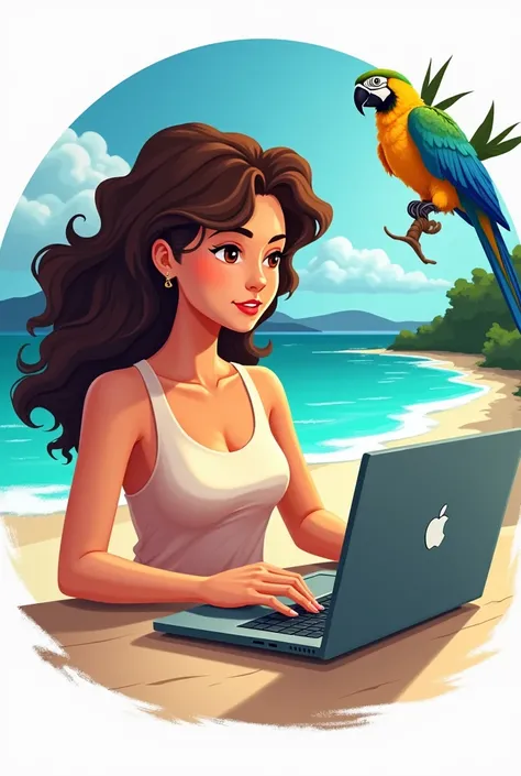 Make me a logo that has a brunette woman, curly hair typing and looking at a laptop, that has the Caribbean Sea in the background, In the upper right corner a small image of Angel Falls and in the upper left corner a small macaw with the title Learn Spanis...