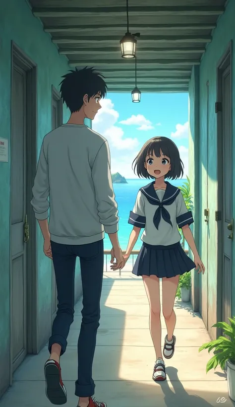 Background of a small junior high school on a remote island、Old corridor、Male teacher and female student、The teacher２５age、Gentle expression、Short Hair、Long-sleeved jersey、The student is a girl、Petite、Short Hair型、Sailor suit、Navy shaggy skirt、The girl is ve...