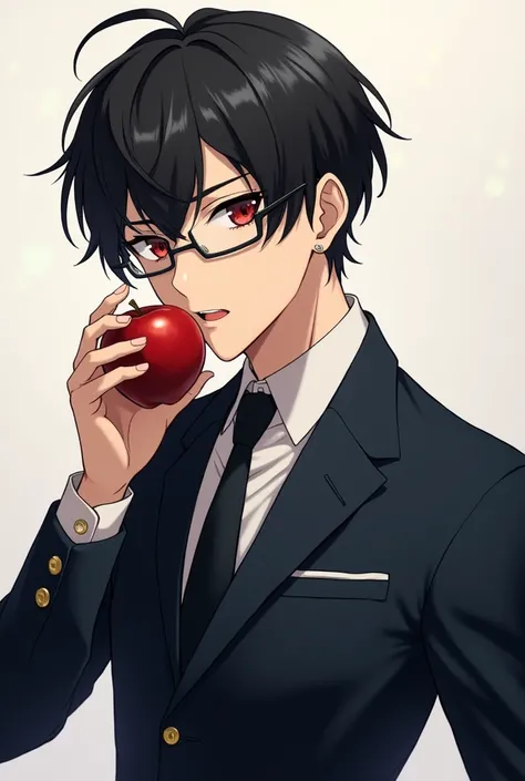 Anime, handsome man, wearing glasses, black hair, wearing a school uniform, eating an apple, blank background