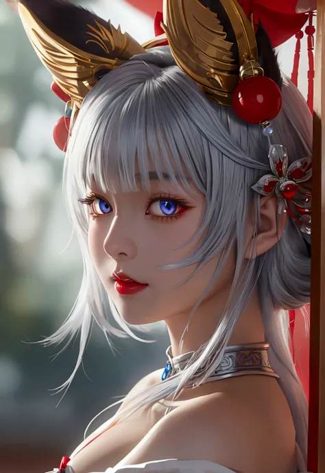 Highest quality　masterpiece　High resolution　One person　Fox Ears　Silver Hair　Crimson Eyes　Bell Accessories　small blue ribbon　Shrine maiden costume　Softly flared hem　(Large Breasts)　Provocative look　Alluring physique　shrine