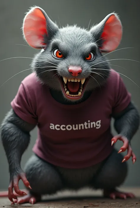 Angry, muscular gray mouse wearing a burgundy t-shirt that says “ACCOUNTING”
