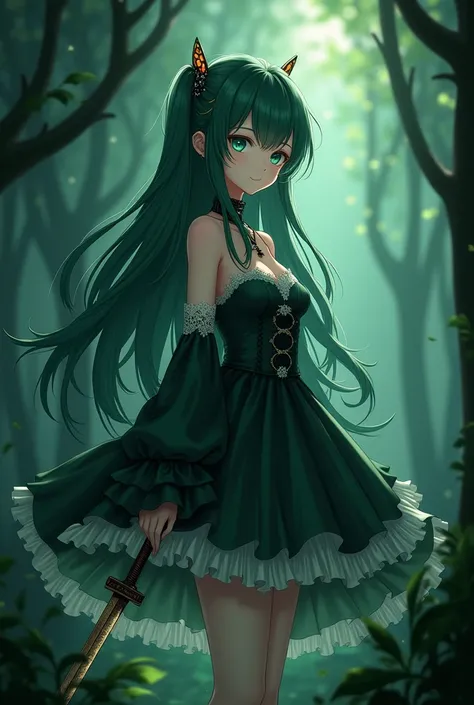 anime girl, super long very dark green hair, beautiful green eyes, in a beautiful black and dark green long sleeved dress with white lace, hair accessories, standing in the middle of a dark forest,having sword, good anatomy, looking at viewer, neutral expr...