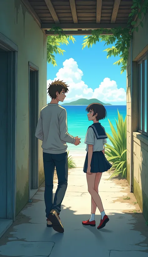 Background of a small junior high school on a remote island、Old corridor、Male teacher and female student、The teacher２５age、Gentle expression、Short Hair、Long-sleeved jersey、The student is a girl、Petite、Short Hair型、Sailor suit、Navy shaggy skirt、The girl is ve...