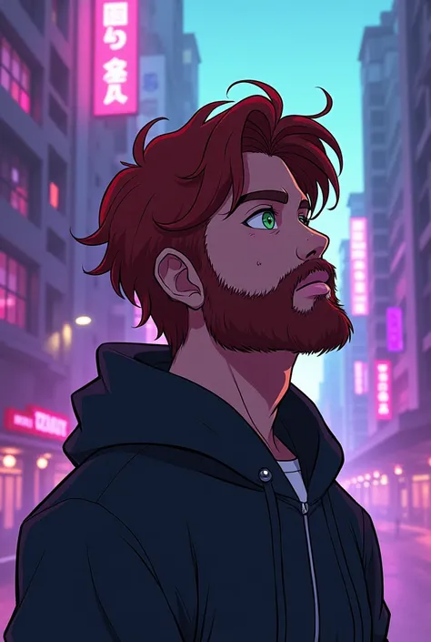 Character half aside, male, boy, , medium beard, red brown hair, green eyes, long hair, calm. wise, background with neon purple graffiti, utopian city, Surrealism, Minimalism, Expressionism, anime style, drop shadow, film grain, vignetting, silhouette, 108...