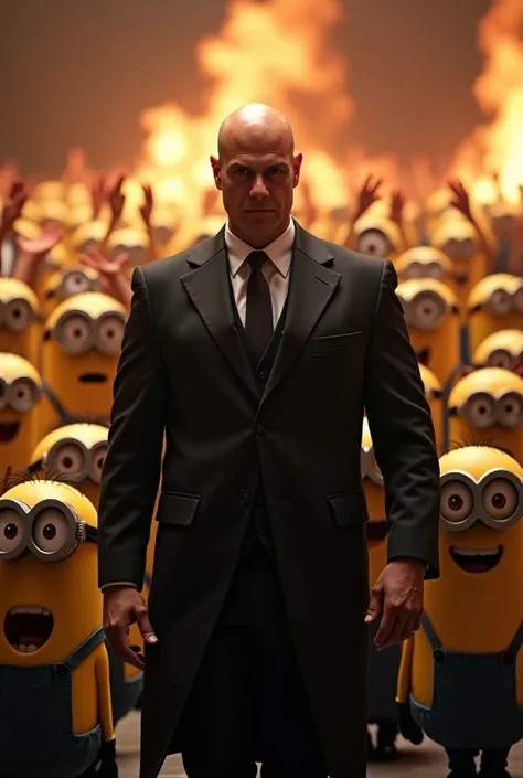 Alexandre de Moraes dressed as Gru from the movie Despicable Me with the Minions around him clapping, high qualiy, lights of intense fire, HD