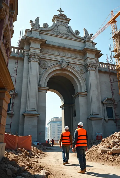 Create an image of lifevests being used on the construction of the portal de Santa Felicidade in Curitiba 