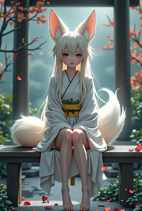 A young 20-year-old kitsune girl, petite and cute, barefoot with perfect feet, wearing a kimono, sitting on a bench, feet dangling in the air, shrine, open mouth, (best quality,4k,8k,highres,masterpiece:1.2),ultra-detailed,(realistic,photorealistic,photo-r...