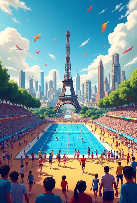 paris olympic games，famous buildings in paris，diving，fencing，weightlifting，tennis，badminton，table tennis swimming，diving，volleyball，Archery，Promotional posters