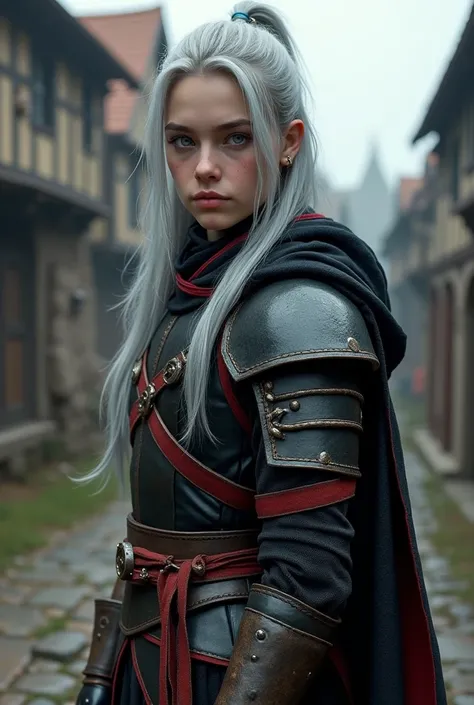 A young warrior with long silver hair tied up, black and red light armor, with black cape and hood with red details, with blue eyes,  with medieval town backdrop ,The Witcher 3 aesthetics, HD, 4K