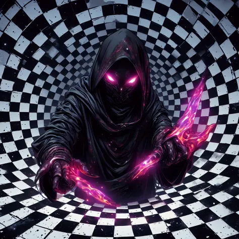 dark hooded figure, serious expression, glowing red eyes, long black hooded cloak, intricate silver pendant, black gloves, holding neon pink daggers, standing, facing camera, menacing pose, checkerboard background, tunnel illusion, dark and mysterious atmo...