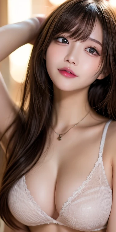 Canon RF85mm f/1.2、masterpiece、Highest quality、Ultra-high resolution、vc、1 Girl、Upper Body、(Korean Mix、K-Pop Idols:1.2)、solo、skin、black eye、necklace、(((Brown_long_Wave_hair)))、((pink_Shiny_Lips))、Eyelashes、bangs、face、Makeup、Shiny、pores、skin、Texture、bracelet...