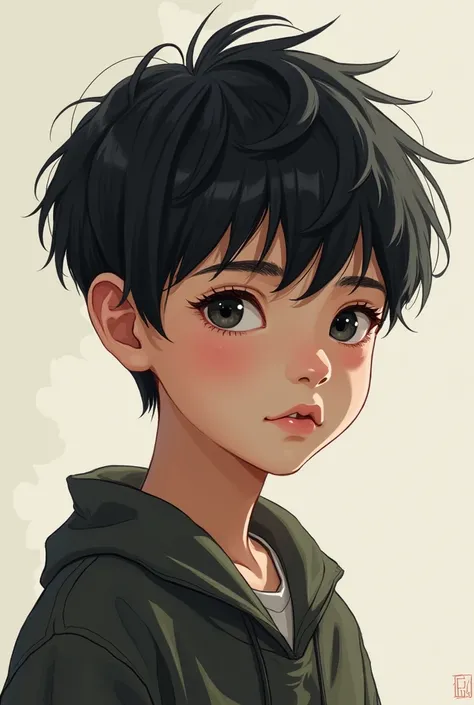 

Illustrate Jihoon Han, a  boy with an intelligent yet somewhat aloof demeanor. He is small for his age, with a slight frame. Jihoon has black hair that is a bit tousled and soft black eyes. His expression should show a mix of innocence and wisdom beyond ...