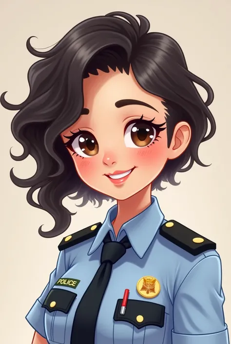 Kawaii Colombian police officer with curly hair and little hair on the sides, white skin, thick lips, light brown eyes 