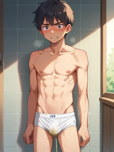 Anime, In the locker room, young slender and mascular 20 years old man in his tighty whities has pissed himself.  He couldnt hold his pee. Theres a pee wet spot on his crotch. Pee wet stain on his briefs. He looks ashamed of peeing himself.  Anime 