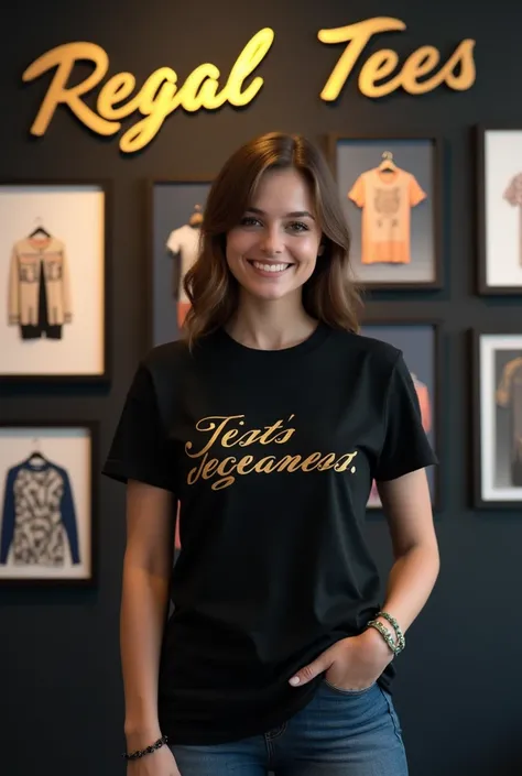 Design a t-shirt for a stylish 2 man featuring a simple quote written on shirt or golden words . In the background, showcase a wall with Regal Tees elegantly painted, surrounded by framed t-shirt designs that reflect contemporary fashion trends."