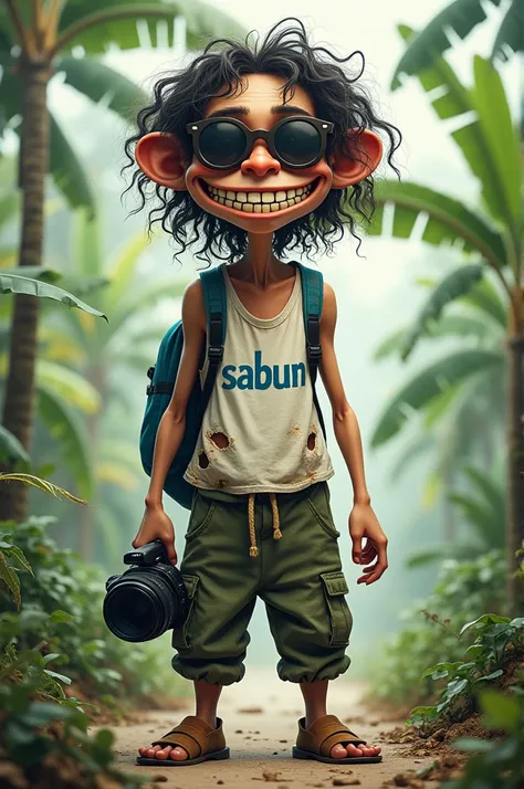 A full body potrait.A wierd thin Dirty 
 use round sunglasses,Smile,   holes gaps teeth  ,very long mesy curly hair, wore torn lop green cloth , indonesia  blue backpack   ,, wear white singlet with written in Blue " SABUN " army uniform and army celoreng ...