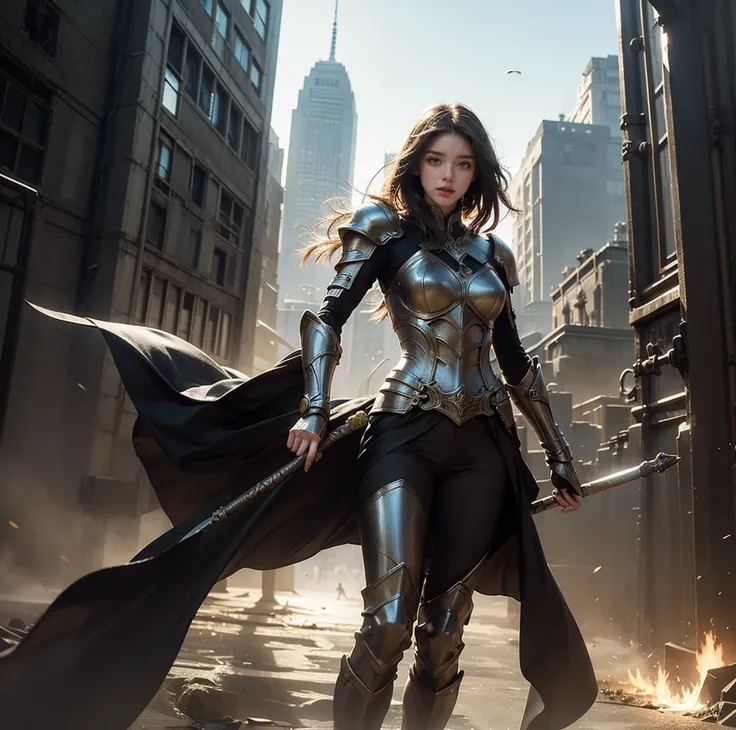 The image is a dynamic, colorful illustration of a female character in a fantasy setting, with vibrant clothing and armor, and a backdrop of a cityscape.