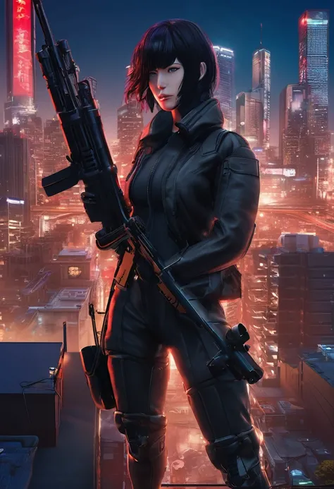 (​masterpiece:1.2,best quality,extremely detail,leistungsstarke backdropbeleuchtung:1.3,Silhouette:1.45),, , //Character, 1 single mercenary,Ghost in the Shell Kusanagi Motoko,One eye glows red:1.2,Facial expression Murderous look,City view.Black, a leathe...