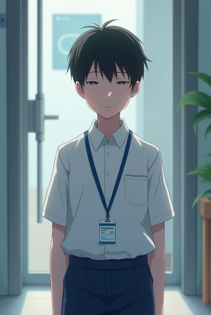 A boy in white shirt and deep blue pant school uniform without face with a blue less id card in neck anime 