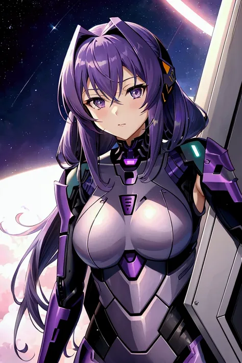 Muv-Luv Alternative, Fortified Suit, pilot suit, body suit, one beautiful girl, cool girl, purple hair, purple eyes, straight hair, medium hair, ace plilot, unkempt hair