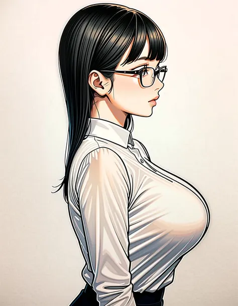 1 female, 30-year-old, alone, thin, slender, (gigantic breasts), nape undercut, bedhead, blunt bangs, thin, slender, (((glasses)...