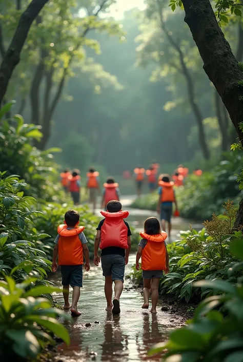 Create an image of life jackets being used in the Botanical Gardens, tourist spot in Curitiba 