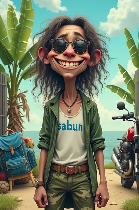 A full body potrait.A wierd thin Dirty 
 use round sunglasses,Smile,   holes gaps teeth  ,very long mesy curly hair, wore torn lop green cloth , indonesia  blue backpack   ,, wear white singlet with written in Blue " SABUN " army uniform and army celoreng ...