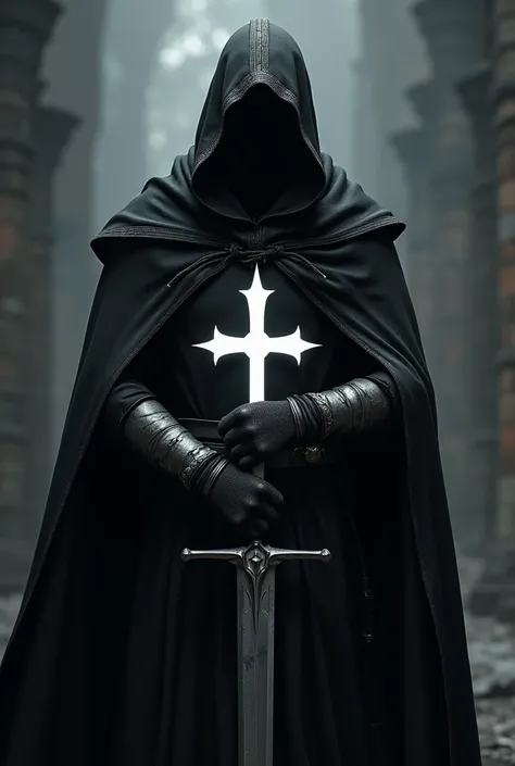 a black hooded knight with a white cross sword handle 