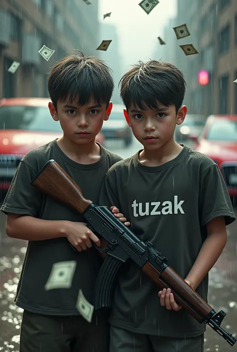 Create realistic image 2  boy rain dollars money, Ak47 gun in hand and Audi cars write on T-Shirt TUZAK