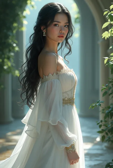 Beautiful young princess with black hair and blue eyes, She is wearing a beautiful long white dress