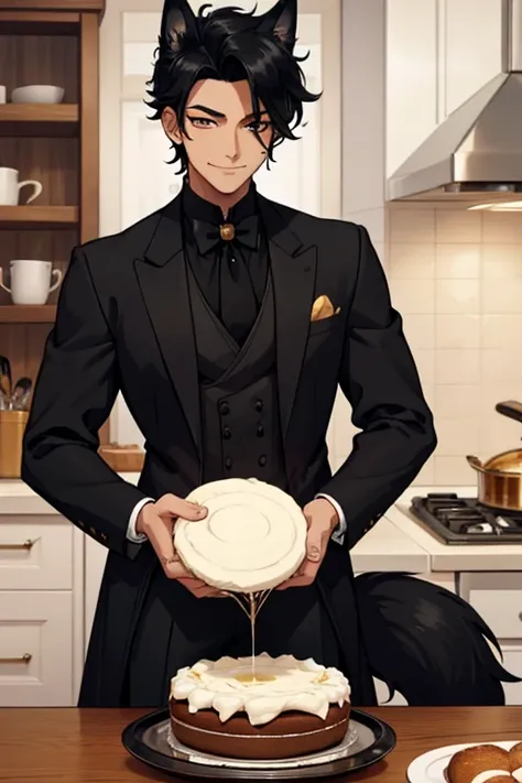 Perfect face. Perfect hands. An black haired man with golden eyes with black fox ears and a black fox tail in a butlers outfit is smiling while baking a cake in a fancy kitchen