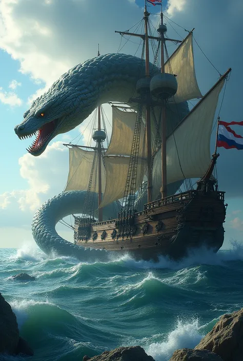 A giant snake is wrapping around a ship in a beautiful ocean.