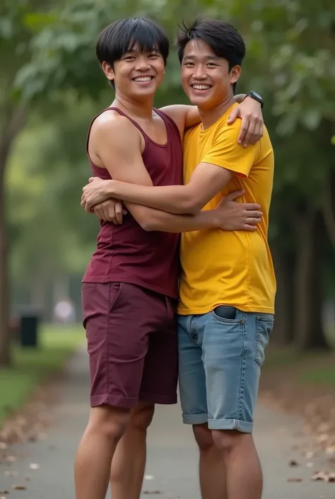 realistic photography. embracing each other looking at the camera. Young Indonesian man weighing 60 kg wearing a maroon singlet, shorts, bobbed hair like Dora. next to him is a young Indonesian man in a yellow shirt. short jeans sneakers. they laughed. ram...