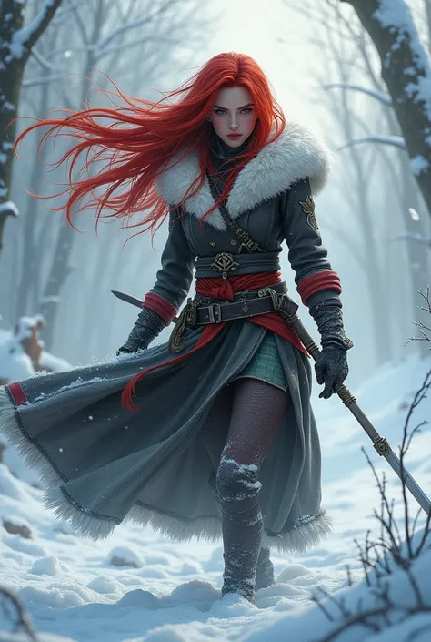 Hunter girl holding a gun in snow battle pose,Eastern,Blade and Soul,Ink style,Long red hair,Leather and fur coat,cold,artistic work,3d,4K,Hinge,real