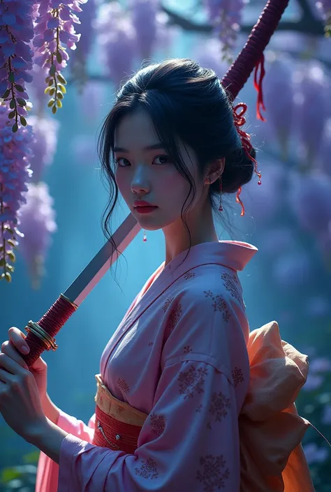 young woman、cute、kimono、He is carrying a Japanese sword that exudes an eerie aura.、sexy、Beauty、1、Imaginary Being、Background real night、Background wisteria flower、(best quality,4K,8k,highres,masterpiece:1.2),ultra-detailed,(realistic,photorealistic,photo-re...