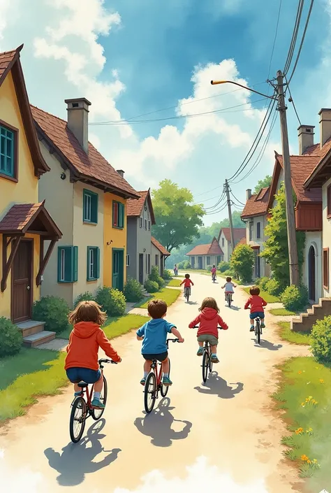 watercolor drawing of children playing on the country street with houses , sprinting, riding a bike released pipe 