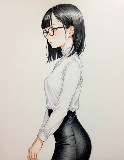 1 female, 30-year-old, alone, thin, slender, small breasts!!!, nape undercut, Bedhead, Blunt bangs, thin, slender, (((glasses))), long sleeve blouse, sexy pencil skirt, Are standing, art, Colored pencil drawing, draft, White background, portrait