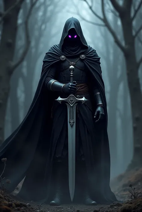 a black hooded knight with a white cross sword handle with three glowing purple eyes 