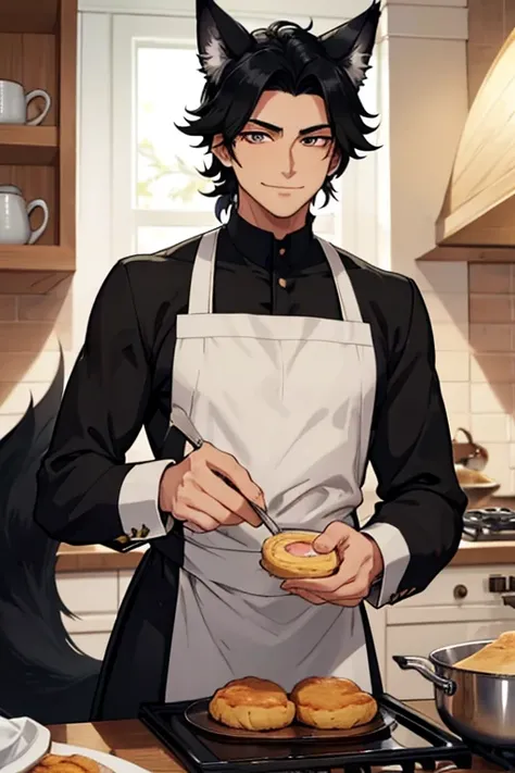 Perfect face. Perfect hands. An black haired man with golden eyes with black fox ears and a black fox tail in a butlers outfit is smiling while baking scones in a fancy kitchen