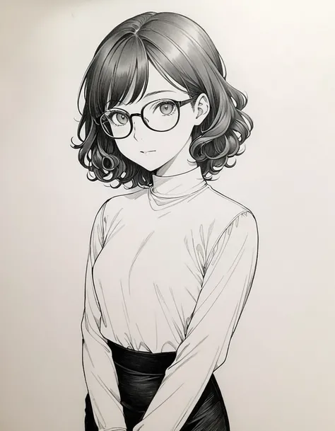 1 female, 30-year-old, alone, thin, slender, small breasts!!!, short hair, curly hair, thin, slender, (((glasses))), long sleeve blouse, sexy pencil skirt, Are standing, art, black and white, line art, pencil drawing, draft, White background, portrait