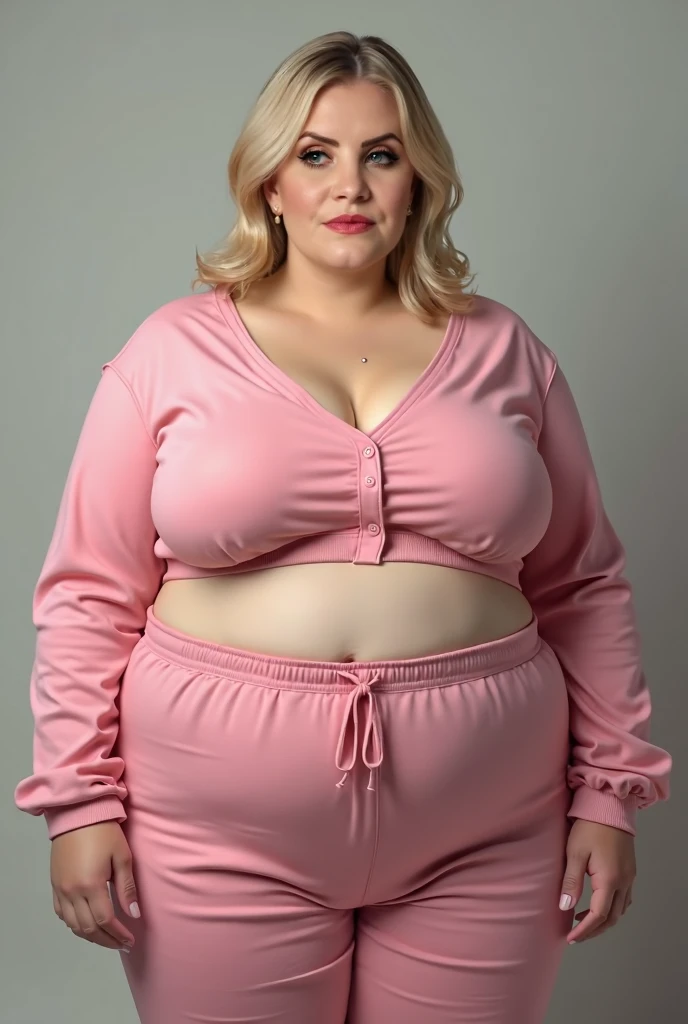 Extremely realistic, obese young woman, shoulder length blonde hair, aged 26, large fat belly, wide hips, notable double chin, round cheeks, soft features, very pretty face, pretty eyes, pretty nose, pretty mouth, neutral expression, wearing pink sweatsuit...