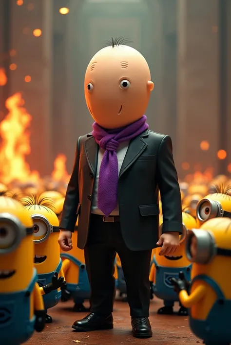 A faceless egg-headed man, dressed in Gru&#39;s clothes from the movie Despicable Me with the Minions dressed in the Brazilian flag, the Minions around you clapping, high qualiy, lights of intense fire, HD