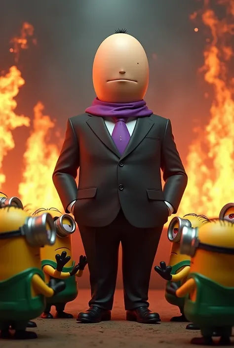 A faceless egg-headed man, dressed in Gru&#39;s clothes from the movie Despicable Me with the Minions dressed in the Brazilian flag, the Minions around you clapping, high qualiy, lights of intense fire, HD