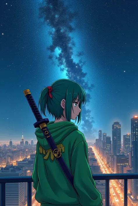 point de vision of two, 1 green haired manga girl, katana on the back, wearing a green hoodie, vision of two, on the roof of a building overlooking the city and the galaxy in the sky