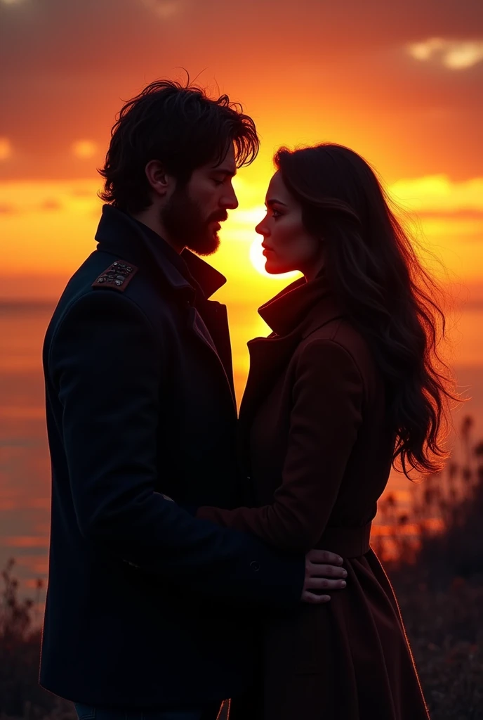 The shadow of a man with dark brown, slightly long hair, of beard race, and a brunette woman (couple), both with coats, at sunset.