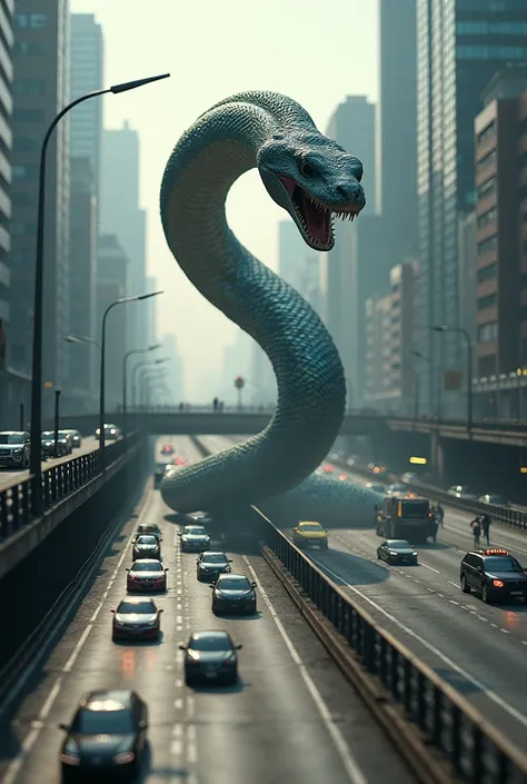 A giant snake comes out of a realistic urban highway image