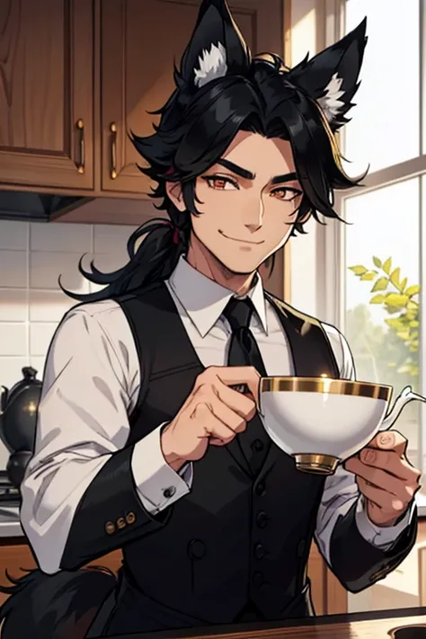 Perfect face. Perfect hands. An black haired man with golden eyes with black fox ears and a black fox tail in a butlers outfit is smiling while making tea in a fancy kitchen